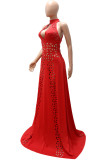 Red Fashion Sexy Solid Hollowed Out Backless Half A Turtleneck Evening Dress