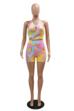 Green Fashion Sexy Print Bandage Hollowed Out Backless Halter Skinny Rompers