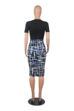 Blue Casual Print Patchwork O Neck Pencil Skirt Dresses