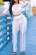 White Sexy Solid Patchwork See-through Flounce O Neck Three Quarter Two Pieces