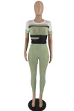 Pink Fashion Sexy Patchwork See-through O Neck Short Sleeve Two Pieces