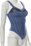 Blue Sexy Solid Patchwork See-through Asymmetrical Spaghetti Strap Tops