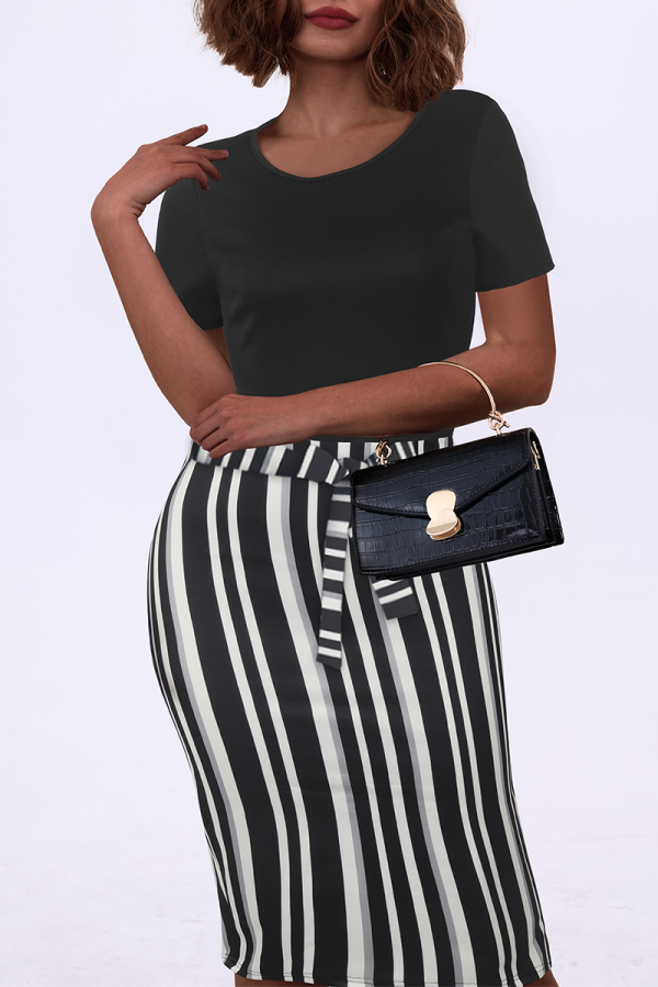 Black Casual Print Patchwork O Neck Pencil Skirt Dresses
