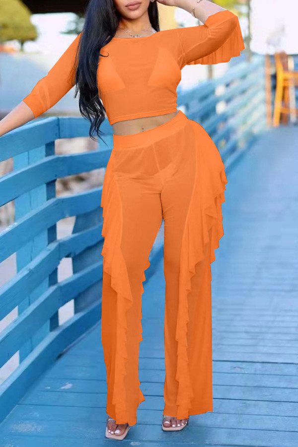 Tangerine Red Sexy Solid Patchwork See-through Flounce O Neck Three Quarter Two Pieces
