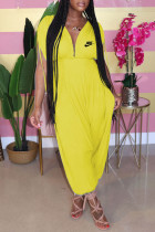 Yellow Fashion Casual Print Letter V Neck Jumpsuits