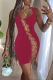 Burgundy Sexy Solid Hollowed Out Square Collar Pencil Skirt Dresses