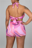 Green Fashion Sexy Print Bandage Hollowed Out Backless Halter Skinny Rompers