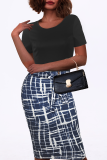 Blue Casual Print Patchwork O Neck Pencil Skirt Dresses