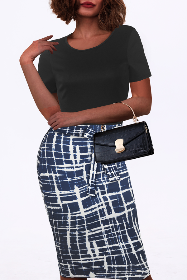 Blue Casual Print Patchwork O Neck Pencil Skirt Dresses