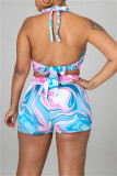 Green Fashion Sexy Print Bandage Hollowed Out Backless Halter Skinny Rompers