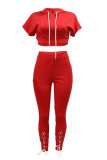 Pink Fashion Casual Solid Bandage Hooded Collar Short Sleeve Two Pieces