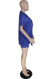 Red Casual Striped Patchwork Turndown Collar Short Sleeve Two Pieces