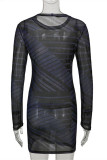 Black Fashion Sexy Print See-through O Neck Long Sleeve Dresses
