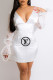 White Fashion Sexy Print Patchwork Letter V Neck One Step Skirt Dresses