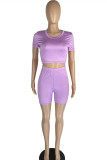 Light Purple Fashion Casual Solid Basic O Neck Short Sleeve Two Pieces