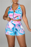 Green Fashion Sexy Print Bandage Hollowed Out Backless Halter Skinny Rompers