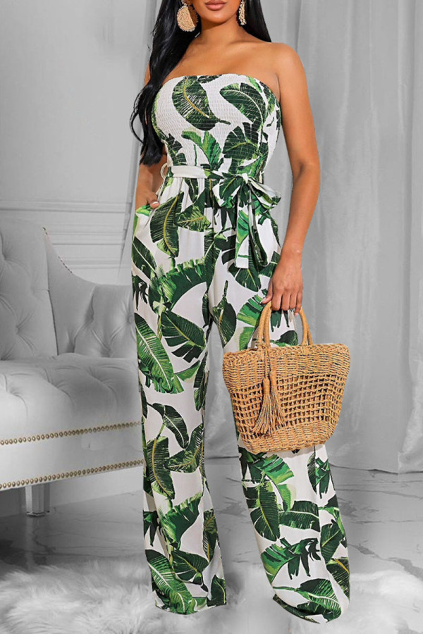 Green Sexy Print Patchwork Strapless Straight Jumpsuits