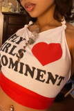 White Sexy Casual Letter Print Bandage Backless O Neck Tops