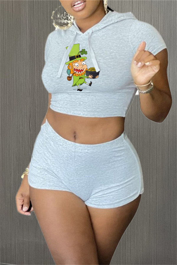 Grey Fashion Casual Cartoon Print Basic Hooded Collar Short Sleeve Two Pieces