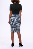 Blue Casual Print Patchwork O Neck Pencil Skirt Dresses