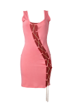 Pink Sexy Solid Hollowed Out Square Collar Pencil Skirt Dresses