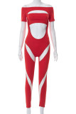 Red Sexy Solid Hollowed Out Patchwork Asymmetrical Off the Shoulder Regular Jumpsuits