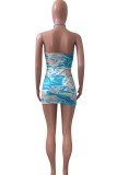 Blue Sexy Print Bandage Hollowed Out Split Joint Asymmetrical Two Pieces