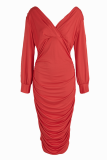 Tangerine Red Sexy Solid Hollowed Out V Neck Pencil Skirt Dresses