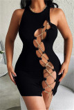 Black Fashion Sexy Solid Hollowed Out Chains O Neck Sleeveless Dress