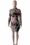 Multicolor Sexy Print Patchwork Buckle Turndown Collar Shirt Dress Dresses
