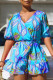 Blue Sweet Print Bandage Patchwork Flounce V Neck Rompers