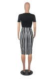 Blue Casual Print Patchwork O Neck Pencil Skirt Dresses