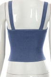 Blue Sexy Solid Patchwork See-through Asymmetrical Spaghetti Strap Tops