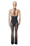 Green Fashion Sexy Patchwork Hollowed Out See-through Backless Halter Regular Jumpsuits