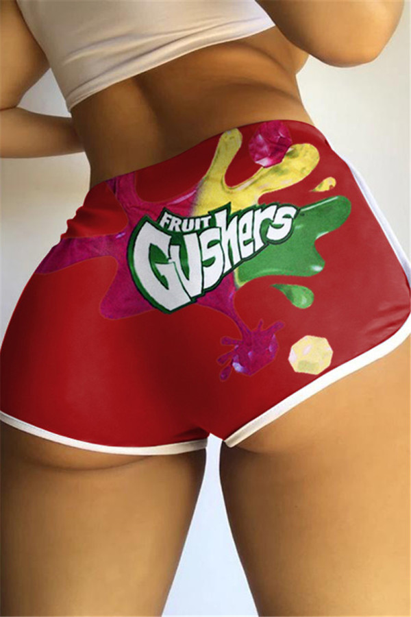 Burgundy Casual Sportswear Print Basic Regular Mid Waist Shorts