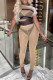 Khaki Fashion Sexy Patchwork See-through O Neck Short Sleeve Two Pieces