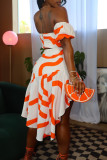 Orange Fashion Sexy Print Backless Asymmetrical Strapless Short Sleeve Two Pieces