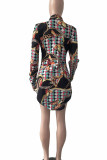 Multicolor Sexy Print Patchwork Buckle Turndown Collar Shirt Dress Dresses