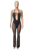 Green Fashion Sexy Patchwork Hollowed Out See-through Backless Halter Regular Jumpsuits