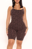 Coffee Sexy Print Leopard Patchwork Spaghetti Strap Regular Rompers