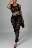 Black Fashion Sexy Solid Split Joint See-through Vests Shrugs O Neck Sleeveless Two Pieces