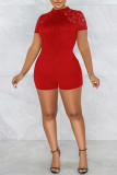 Red Fashion Sexy Solid Lace Split Joint See-through Half A Turtleneck Skinny Romper