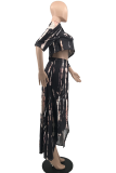 Black Casual Print Patchwork One Shoulder Half Sleeve Two Pieces
