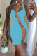 Blue Sexy Solid Hollowed Out Square Collar Pencil Skirt Dresses