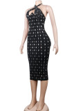 Black Sexy Solid Hollowed Out Patchwork Hot Drill Halter Pencil Skirt Dresses