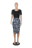 Blue Casual Print Patchwork O Neck Pencil Skirt Dresses