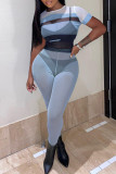 Pink Fashion Sexy Patchwork See-through O Neck Short Sleeve Two Pieces