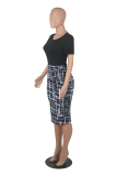 Blue Casual Print Patchwork O Neck Pencil Skirt Dresses