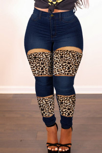 Deep Blue Street Print Leopard Hollowed Out Patchwork High Waist Regular Denim Jeans