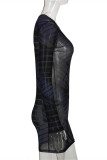 Black Fashion Sexy Print See-through O Neck Long Sleeve Dresses